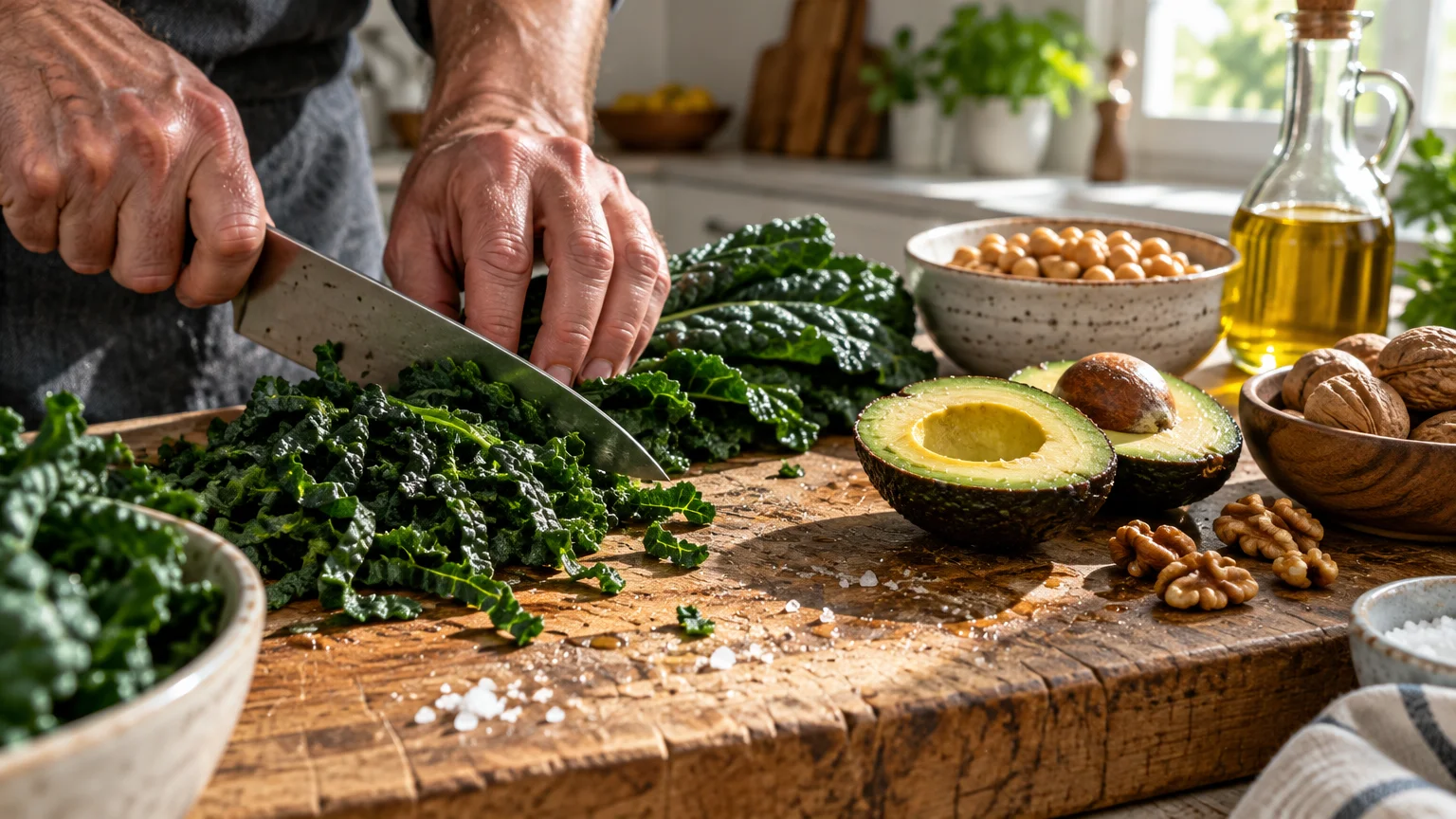 Hands chopping fresh kale on a wooden cutting board beside halved avocados, walnuts, chickpeas, and olive oil.