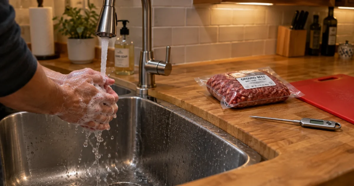 Soapy hands washing under running tap water in a kitchen sink next to packaged raw ground beef on the counter.