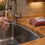 Soapy hands washing under running tap water in a kitchen sink next to packaged raw ground beef on the counter.