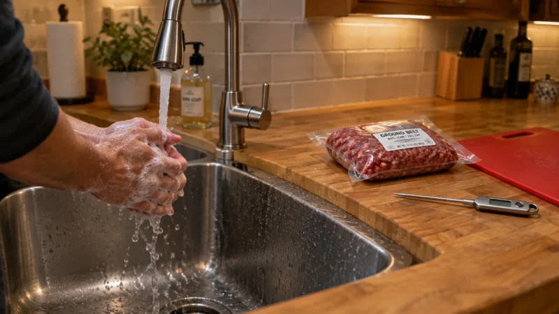 Soapy hands washing under running tap water in a kitchen sink next to packaged raw ground beef on the counter.