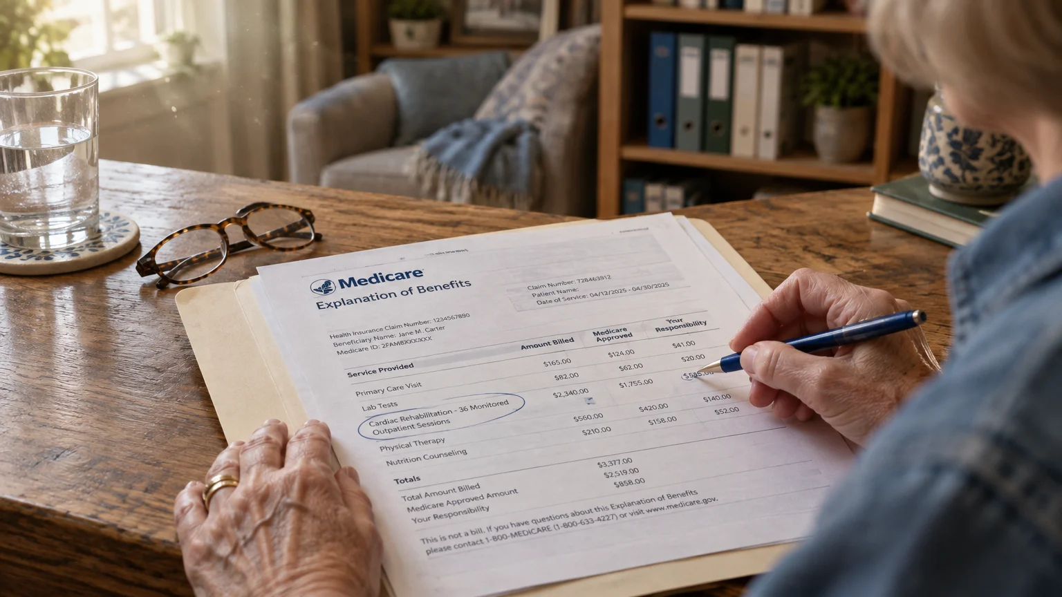 A person reviews a Medicare Explanation of Benefits document listing cardiac rehabilitation on a wooden desk.