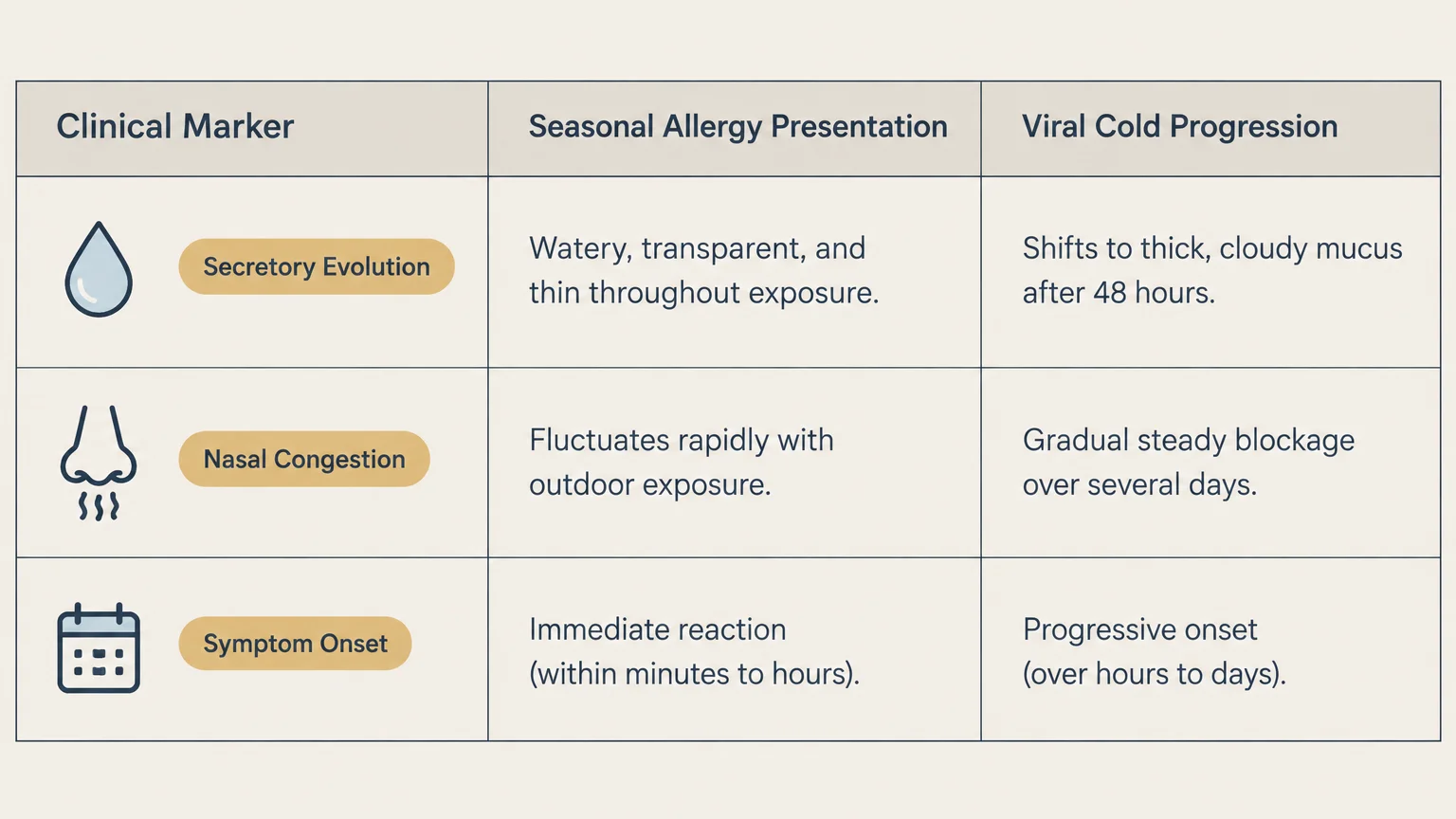 Table comparing seasonal allergy presentation and viral cold progression across secretory evolution, congestion, and onset.