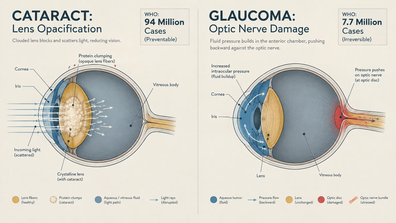Side-by-side medical diagrams showing cataract lens opacification and glaucoma optic nerve damage in cross-section eyes.