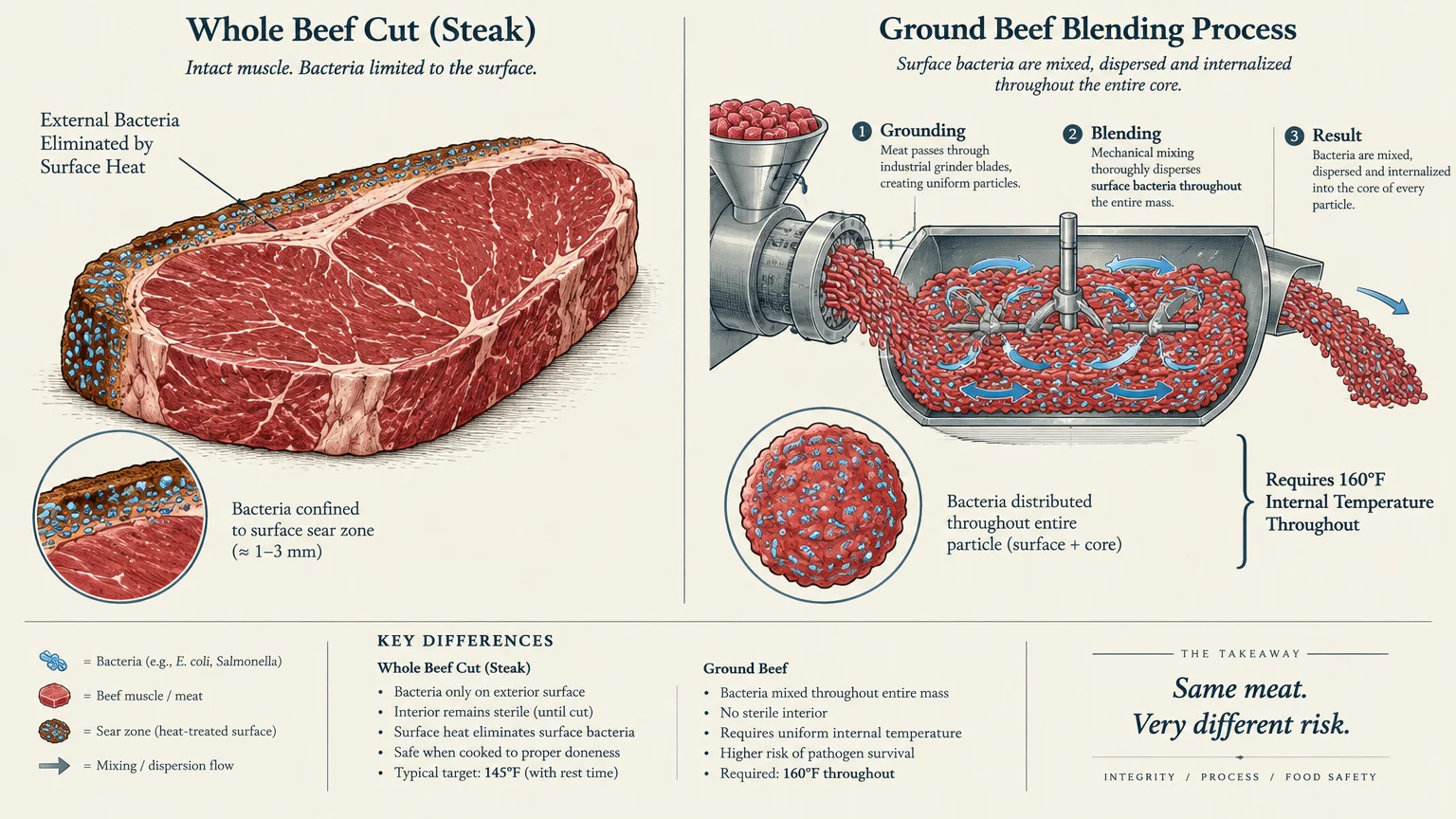 Diagram comparing bacteria confined to a steak's surface versus dispersed throughout meat in a commercial grinder.