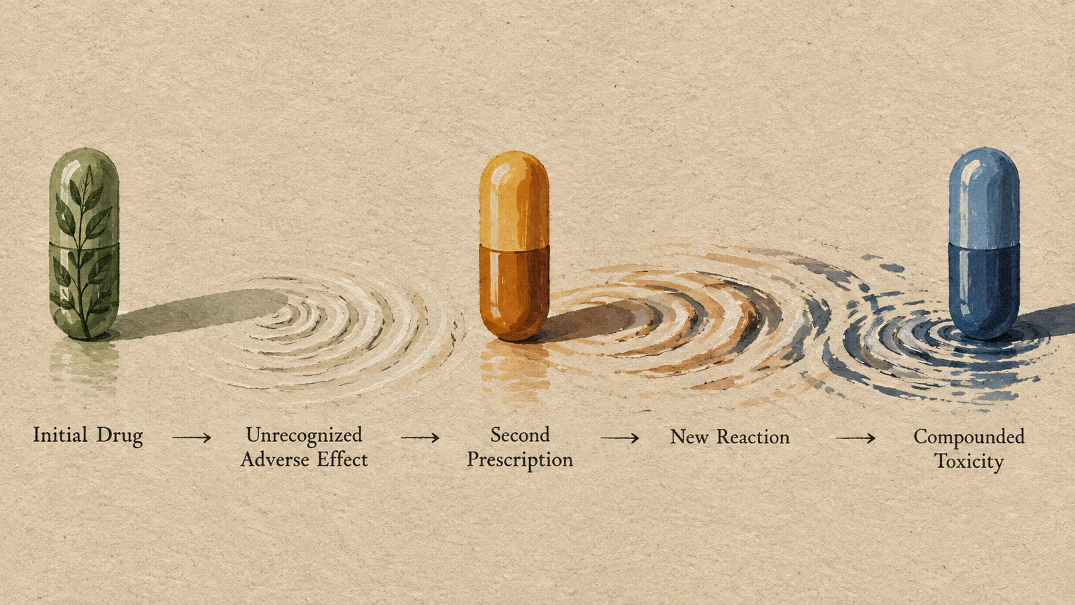 Illustration of three medicine capsules lined up over ripple patterns, labeled with steps in a prescribing cascade.