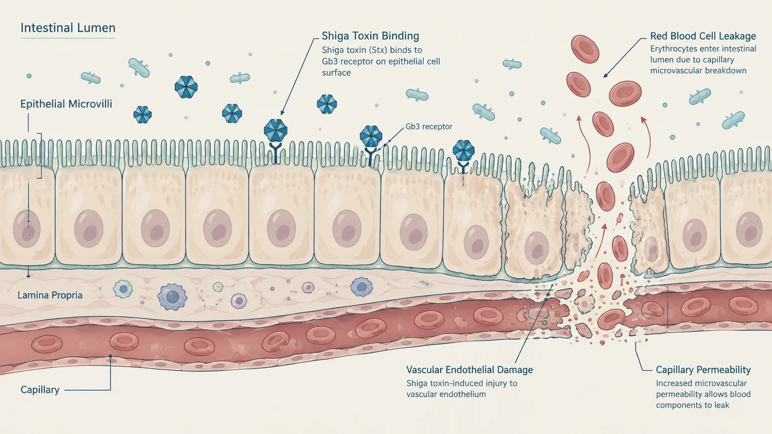 Medical diagram of Shiga toxins binding to epithelial cells, causing mucosal breakdown and red blood cell leakage.