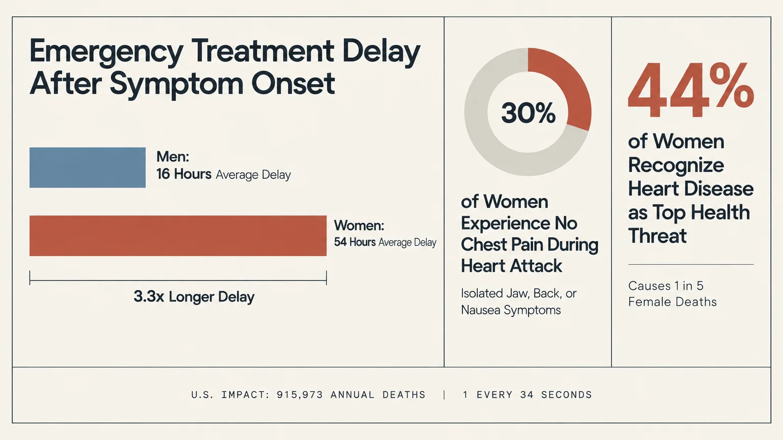 Infographic comparing heart attack treatment delays between men and women alongside awareness and mortality statistics.