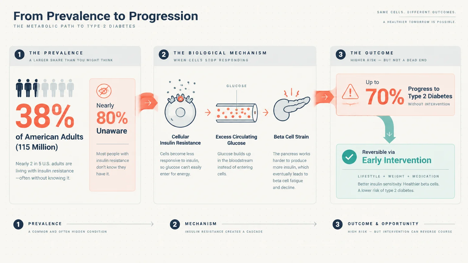 Infographic detailing prediabetes prevalence, biological mechanisms of insulin resistance, and progression outcomes.