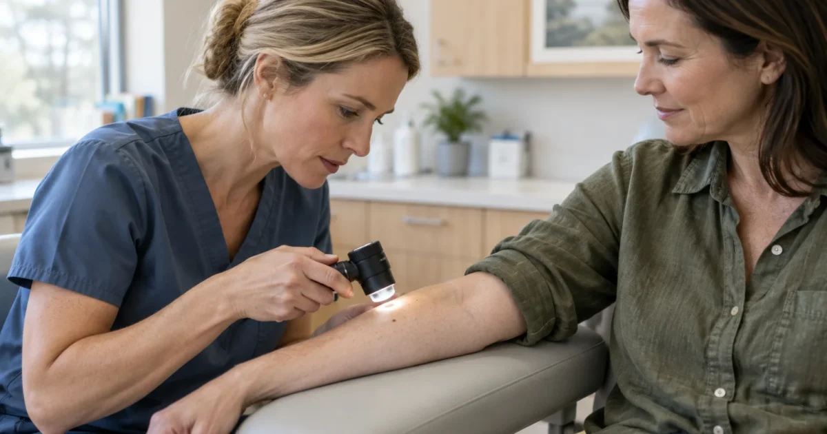 A doctor in blue scrubs examines a mole on a patient's forearm using a lighted dermatoscope.