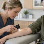 A doctor in blue scrubs examines a mole on a patient's forearm using a lighted dermatoscope.