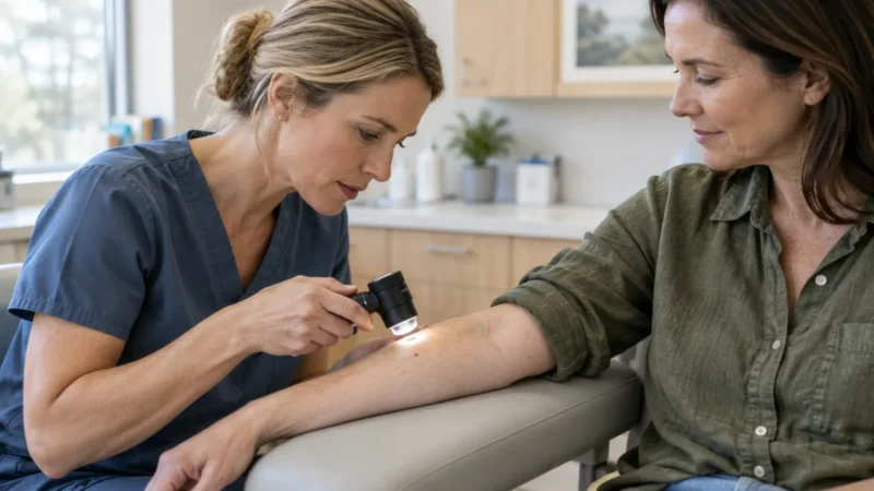 A doctor in blue scrubs examines a mole on a patient's forearm using a lighted dermatoscope.