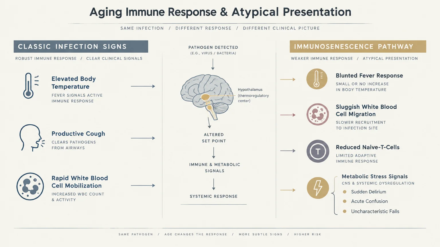 Diagram comparing classic infection signs with the immunosenescence pathway, showing brain processing and atypical symptoms.