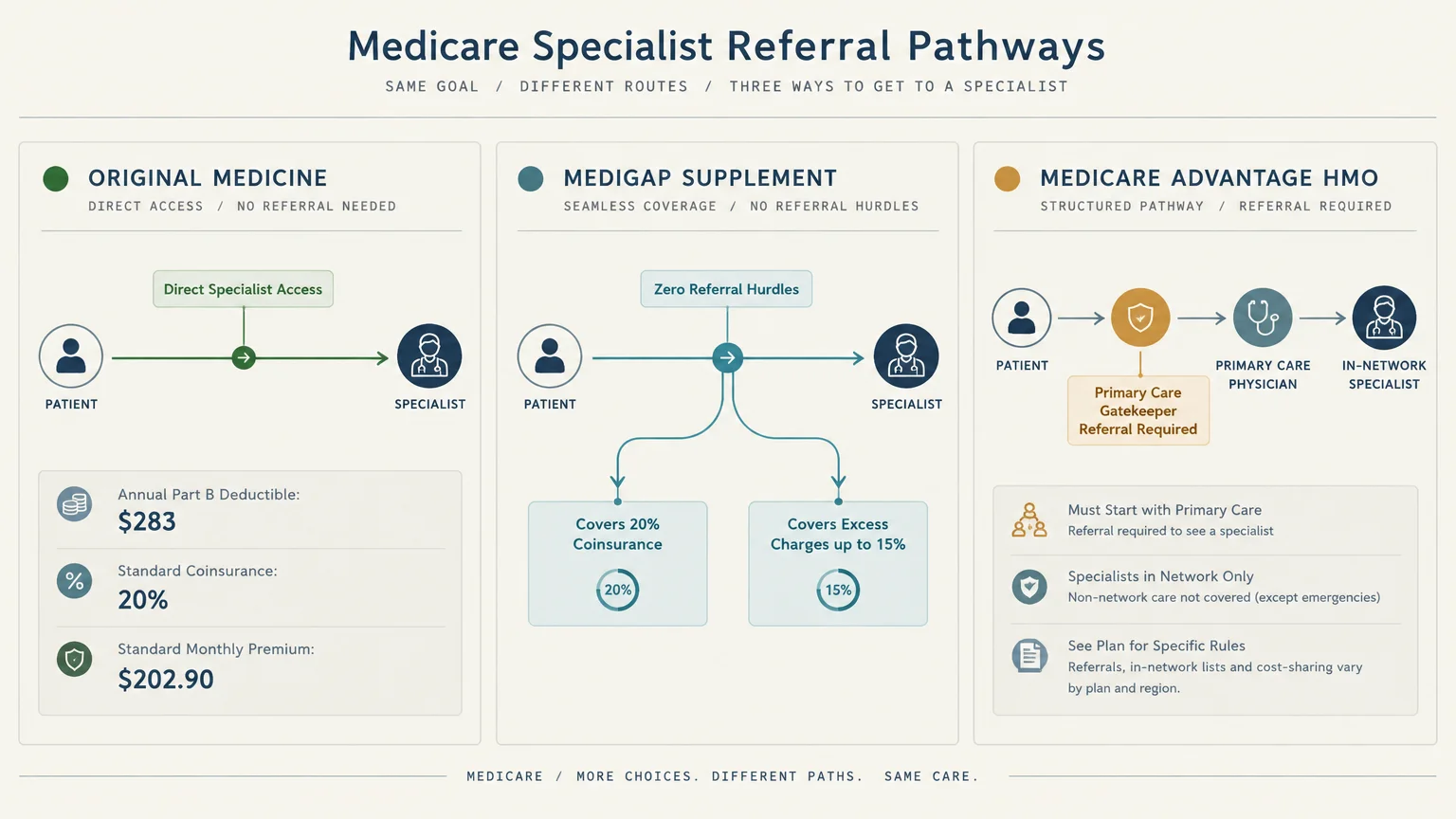 Diagram comparing referral pathways and rules across Original Medicare, Medigap, and Medicare Advantage HMO plans.