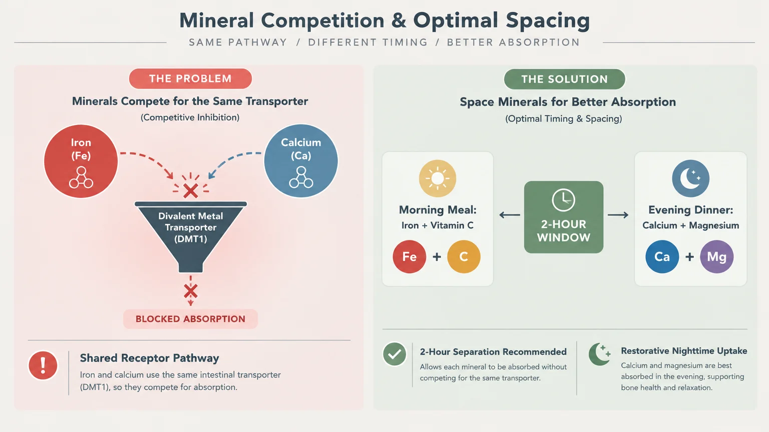 Diagram contrasting mineral competition at shared transporters with a recommended two-hour spacing between iron and calcium.