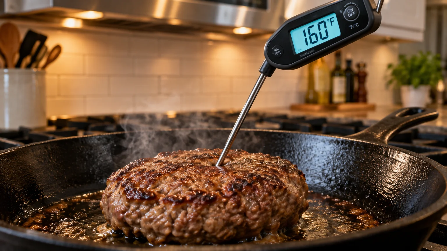 A digital thermometer reading 160°F inserted into a browned burger patty sizzling in a cast-iron skillet.
