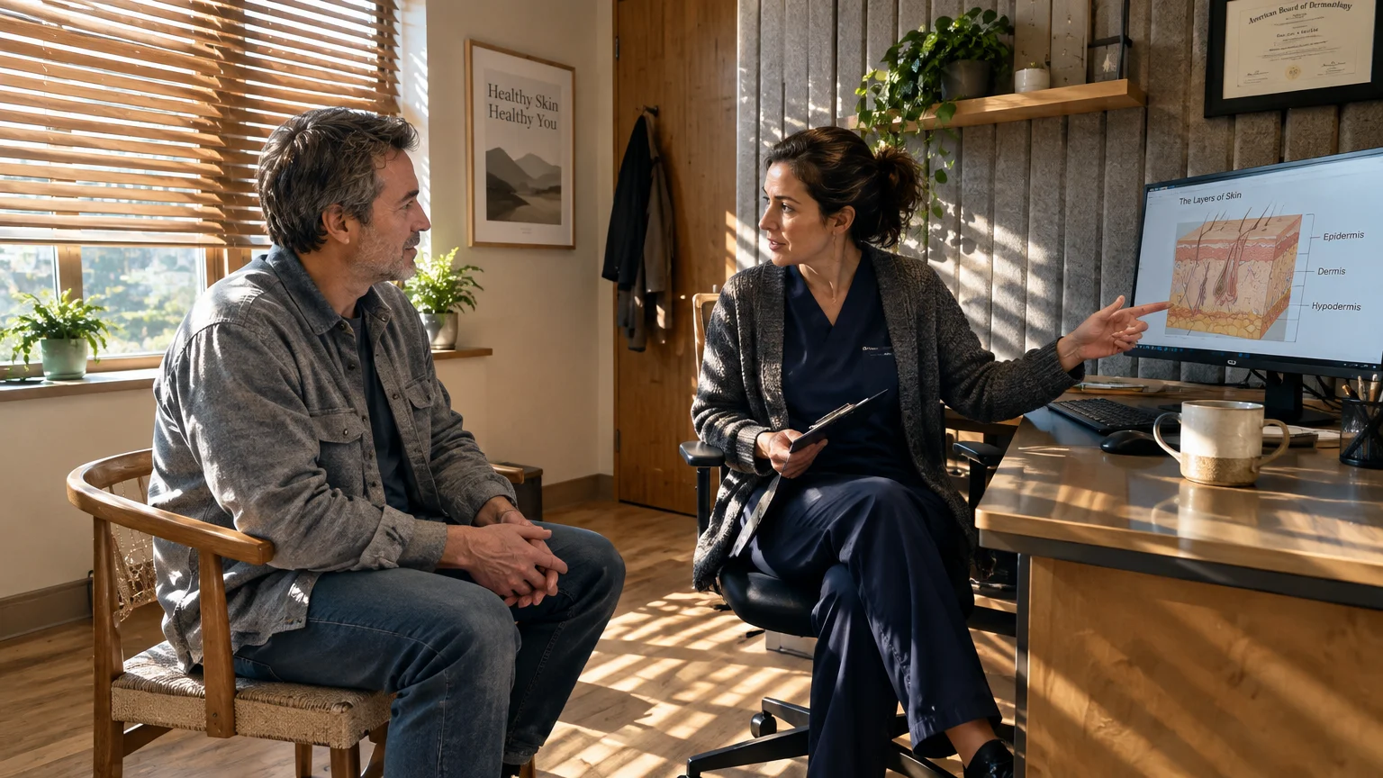 A doctor points to a skin layer diagram on her computer monitor while consulting with a seated male patient.