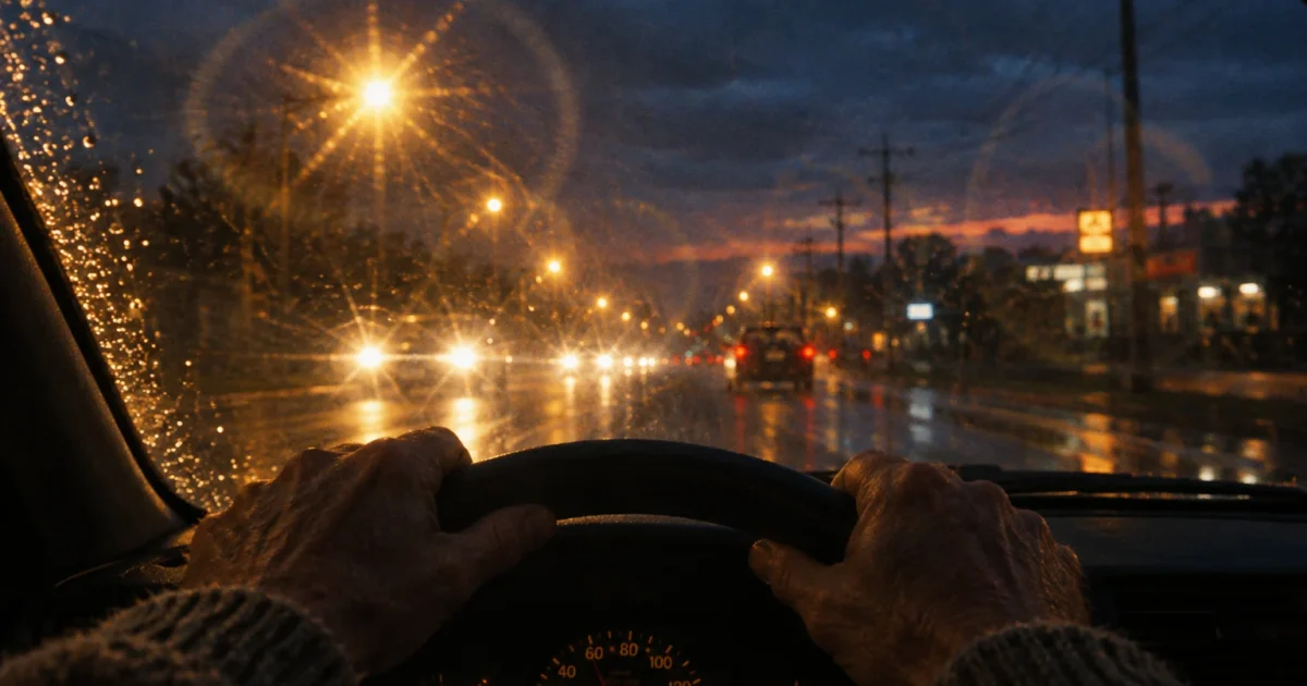 First-person view of hands on a steering wheel driving at night in rain, facing glaring streetlights and traffic halos.