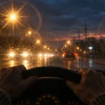 First-person view of hands on a steering wheel driving at night in rain, facing glaring streetlights and traffic halos.