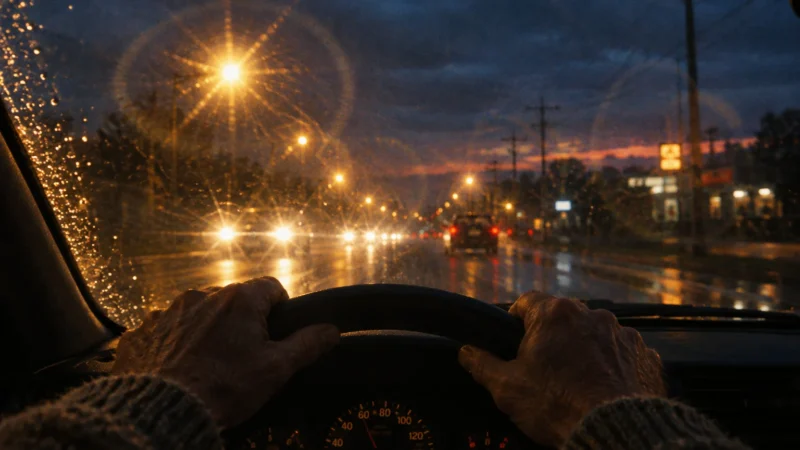 First-person view of hands on a steering wheel driving at night in rain, facing glaring streetlights and traffic halos.