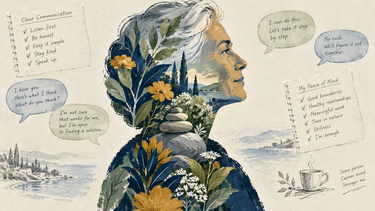 Illustration of a woman's profile filled with nature scenes and flowers, surrounded by mindful notes and speech bubbles.