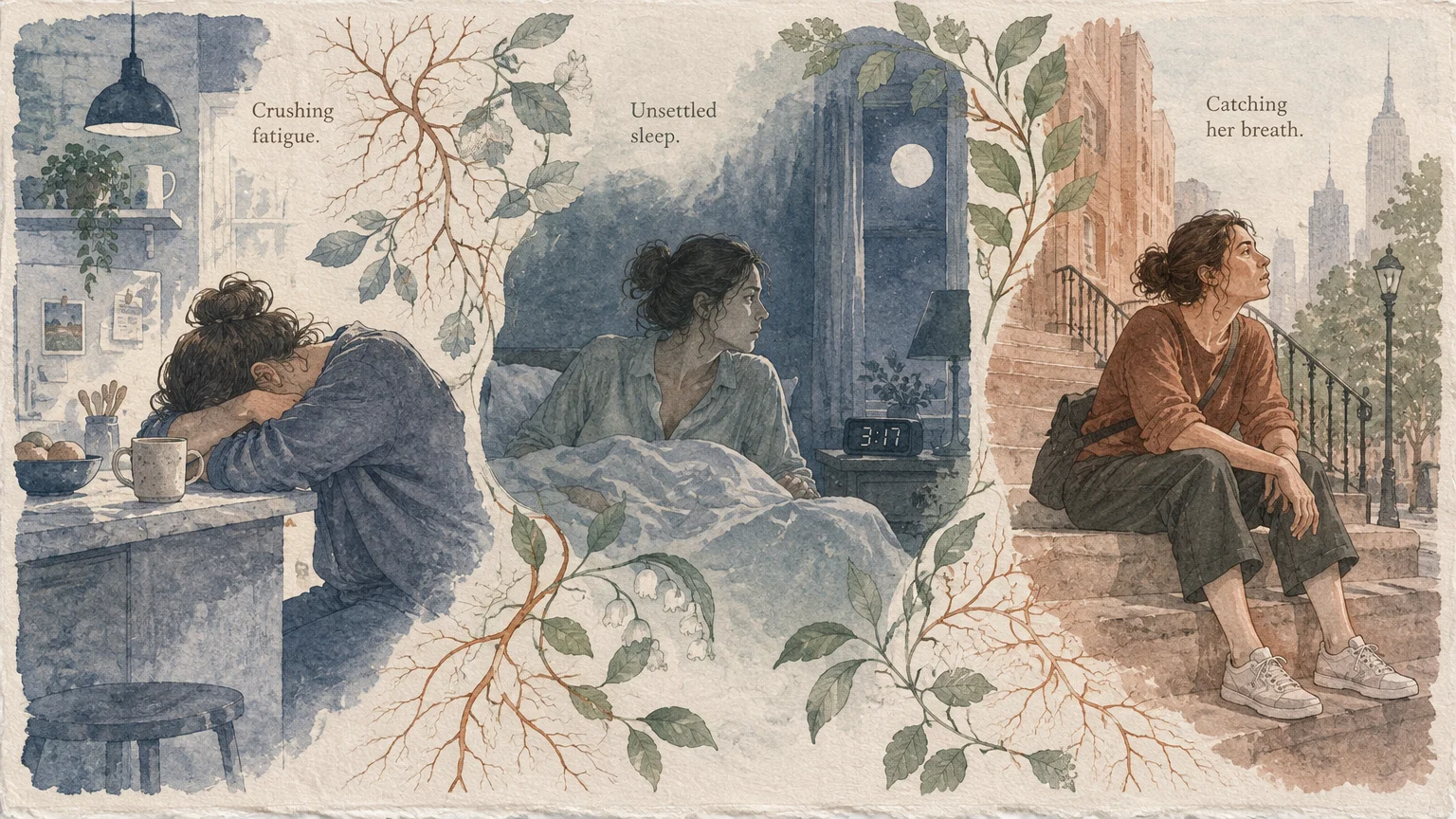 Triptych illustration of a woman exhausted at a table, awake in bed at night, and resting on outdoor stairs.
