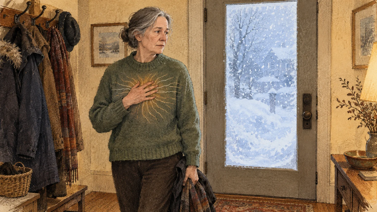 Illustration of an older woman clutching her chest inside an entryway, beside a glass door looking out onto falling snow.