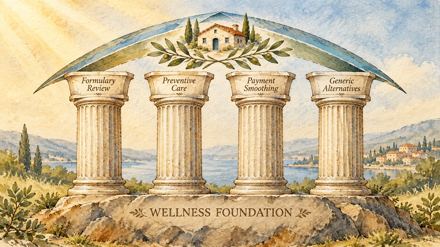 Classical structure with four stone pillars labeled Formulary Review, Preventive Care, Payment Smoothing, and Generic Alternatives.