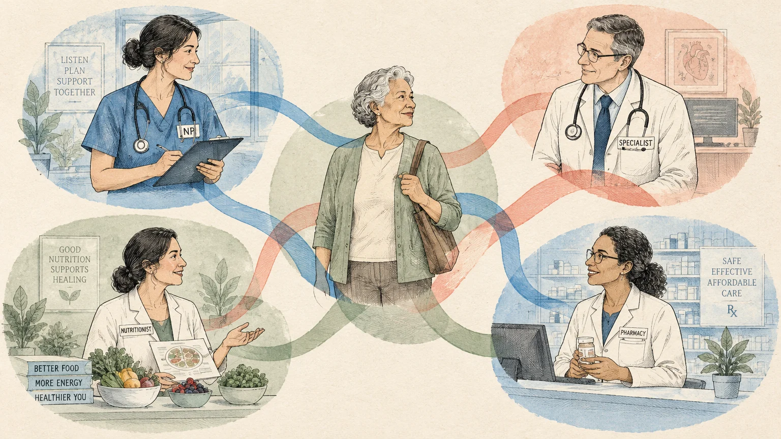 Illustration of an older woman surrounded by connected medical professionals including a nurse, doctor, nutritionist, and pharmacist.