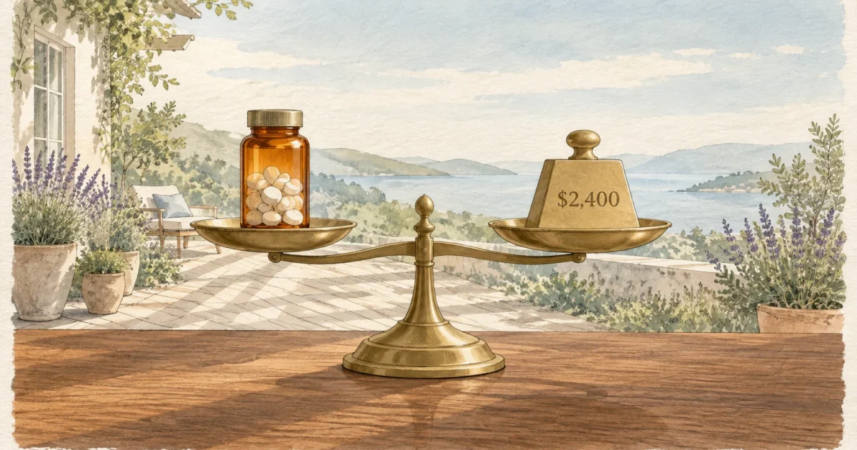 Brass balance scale on a wooden table holding a medicine bottle on one side and a $2,400 weight on the other.