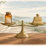 Brass balance scale on a wooden table holding a medicine bottle on one side and a $2,400 weight on the other.