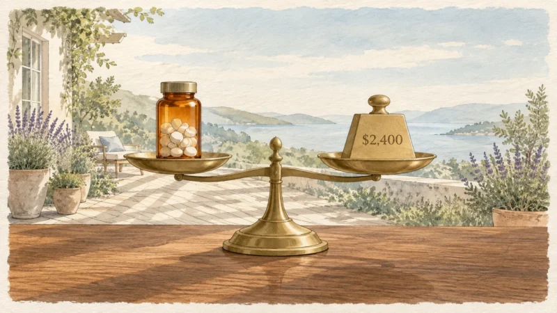 Brass balance scale on a wooden table holding a medicine bottle on one side and a $2,400 weight on the other.