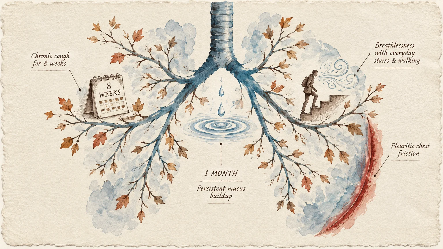 Watercolor of lungs as tree branches, annotated with symptoms like chronic cough, mucus, and breathlessness.