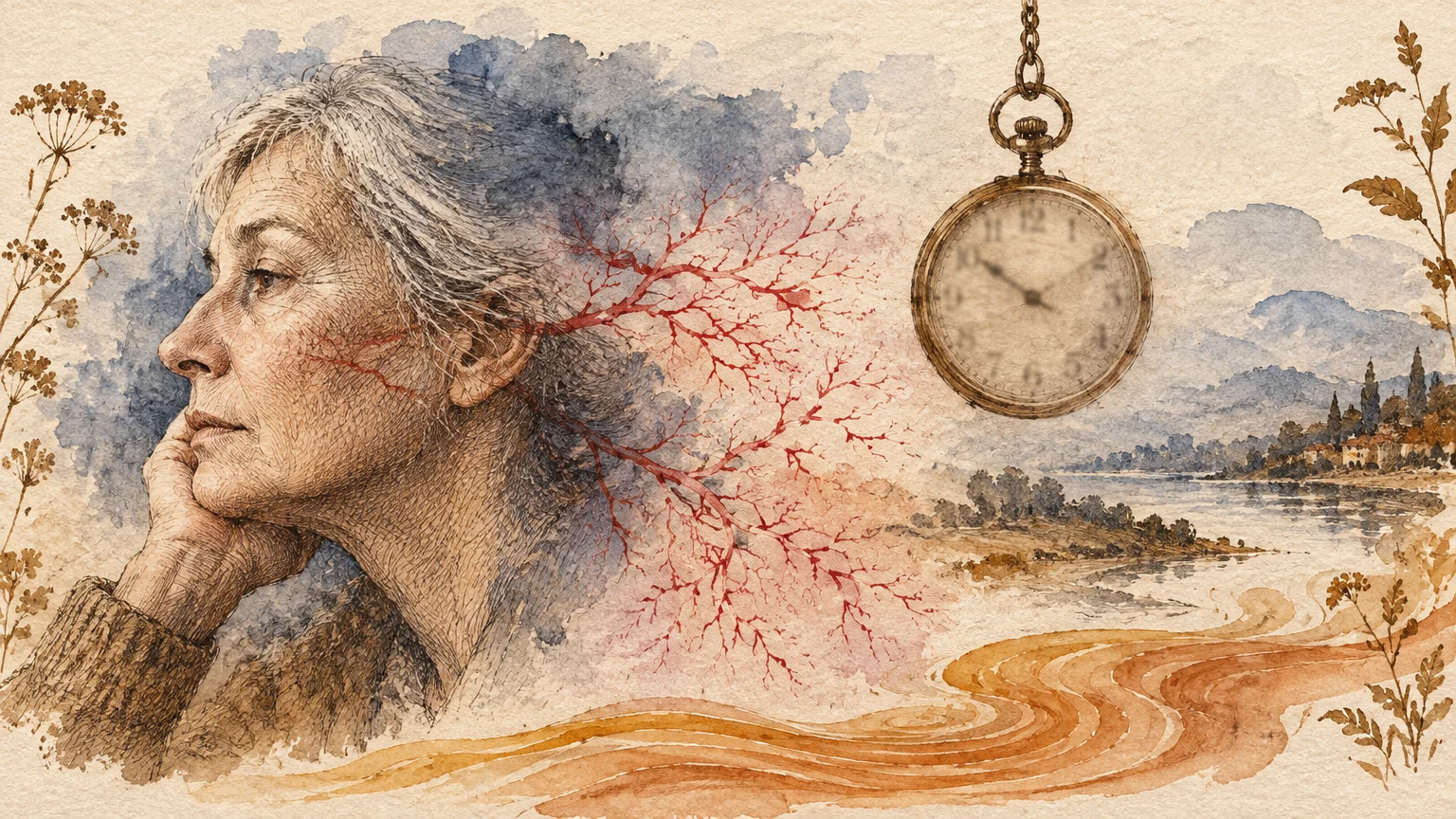 Watercolor illustration of a contemplative senior woman beside branching red vessels, a hanging pocket watch, and a river.