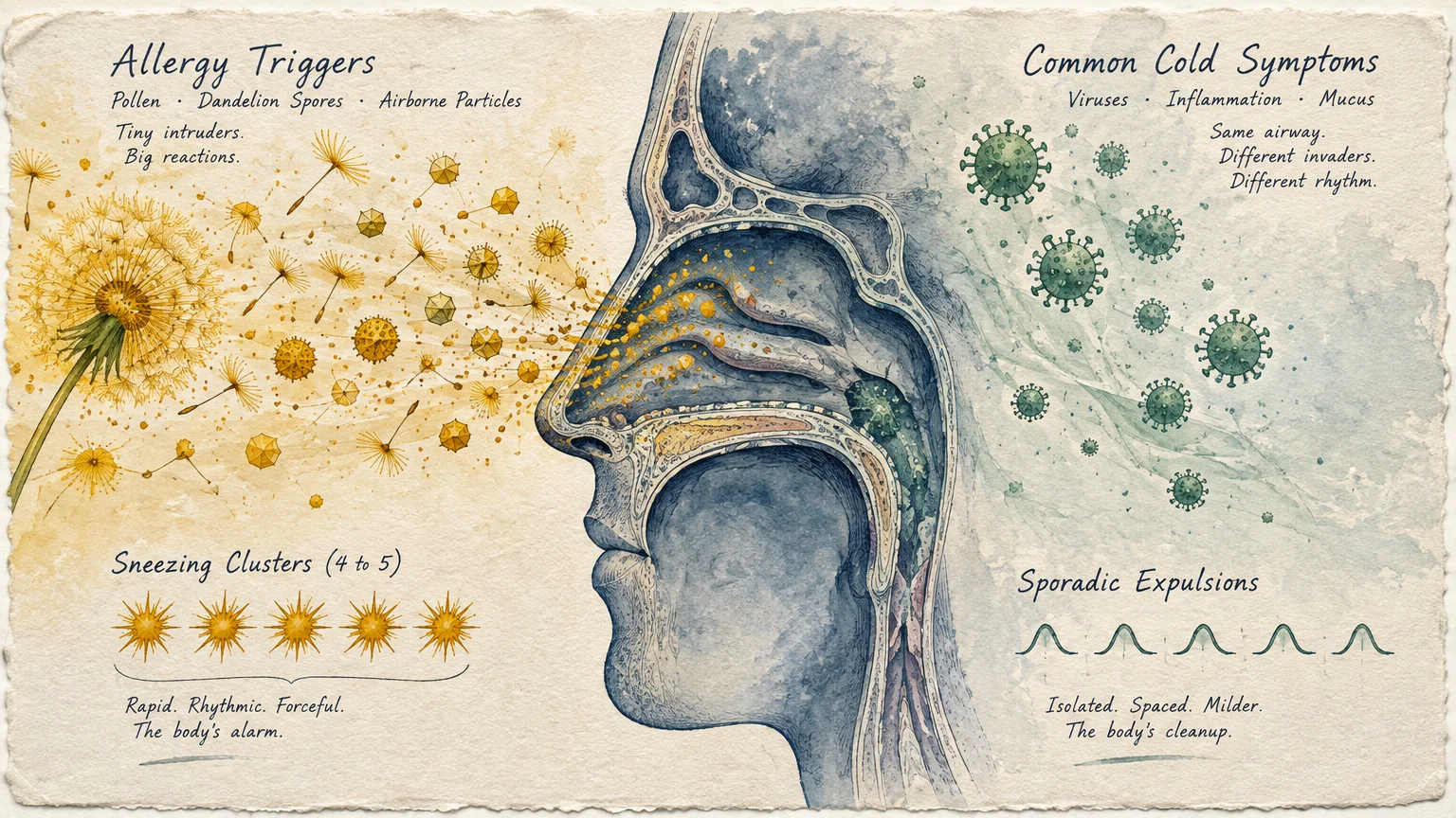 Diagram of a human nasal profile between yellow dandelion pollen particles on the left and green cold viruses on the right.