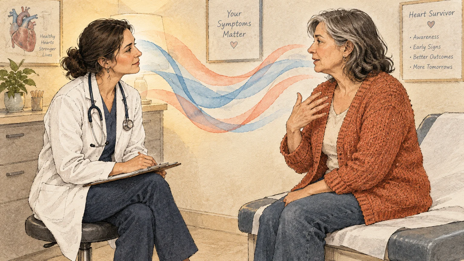 A female doctor sits listening to an older patient holding her hand over her chest in an exam room.