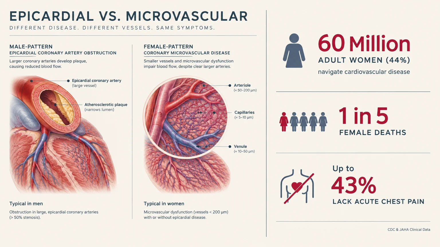 Diagram comparing epicardial and microvascular coronary disease beside heart disease statistics for women.