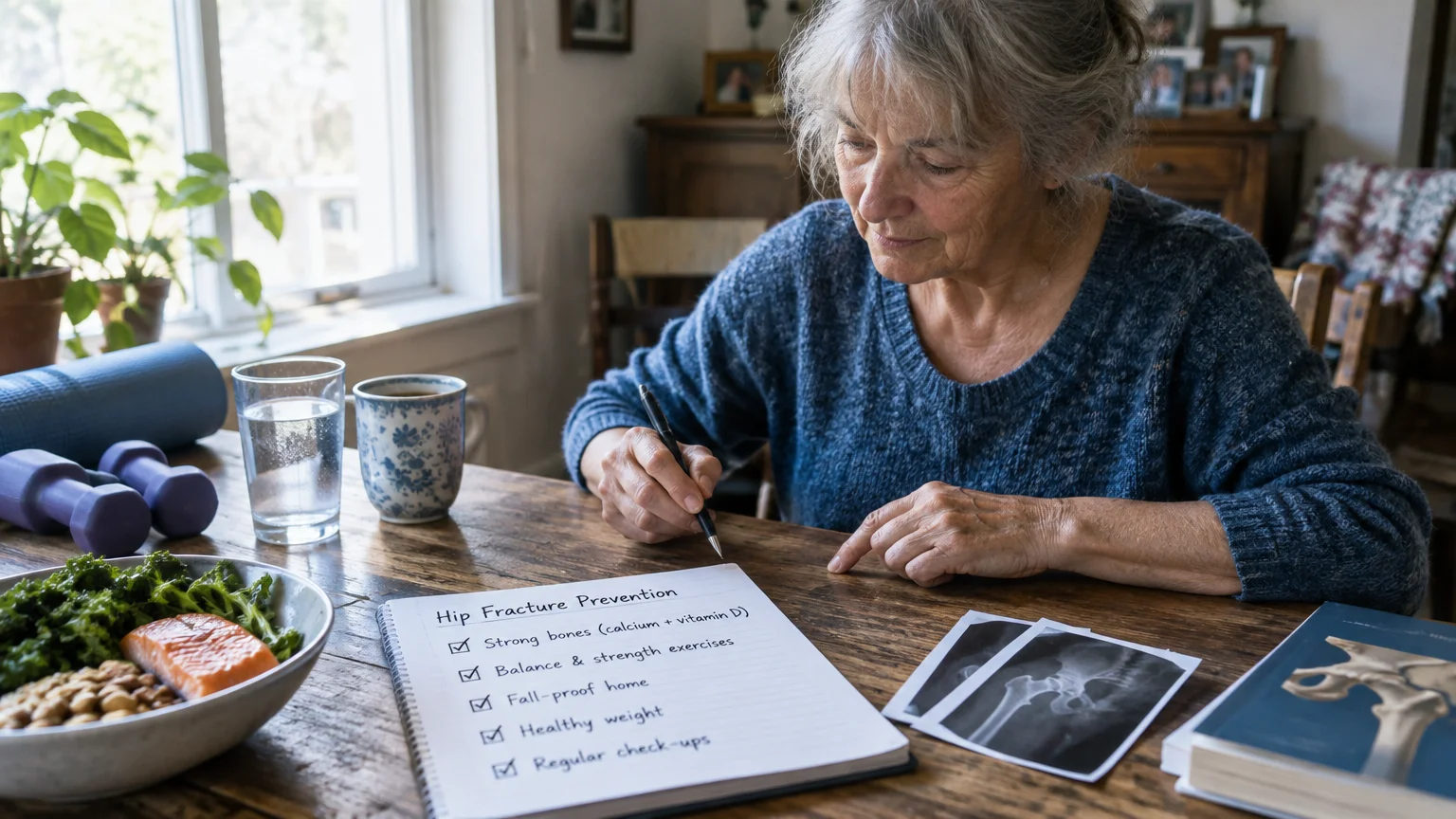 Senior woman writing a hip fracture prevention checklist at a table with healthy food, weights, and hip X-rays.