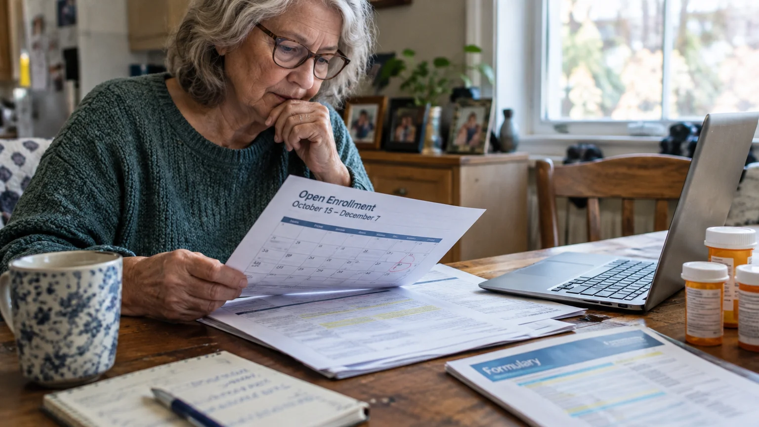 A woman reviews open enrollment and formulary documents at a table beside a laptop and prescription bottles.