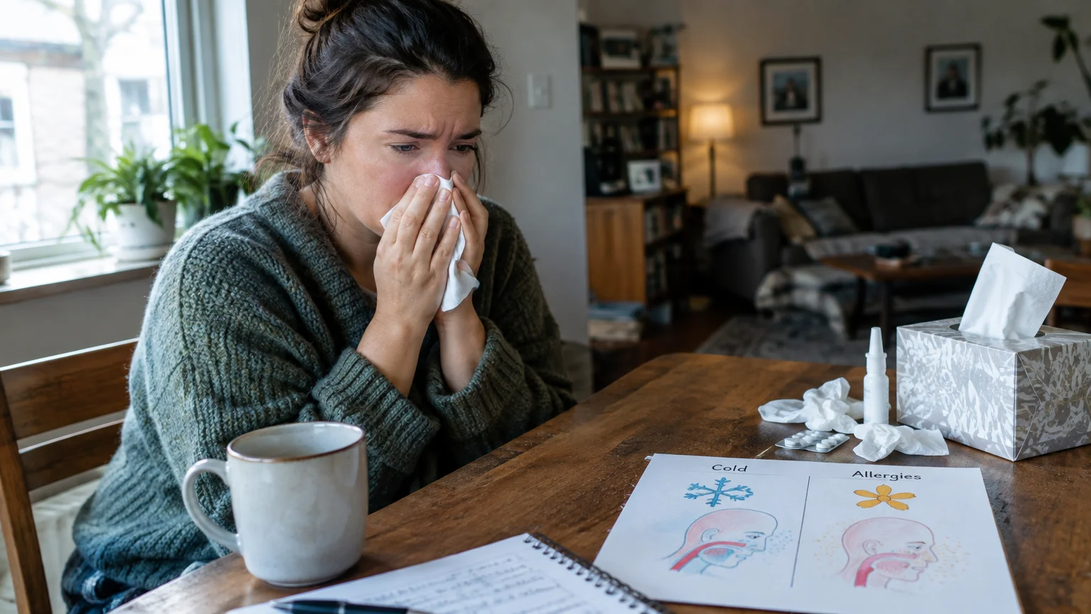A woman blows her nose with a tissue at a table with tea, tissues, nasal spray, and a cold versus allergies diagram.