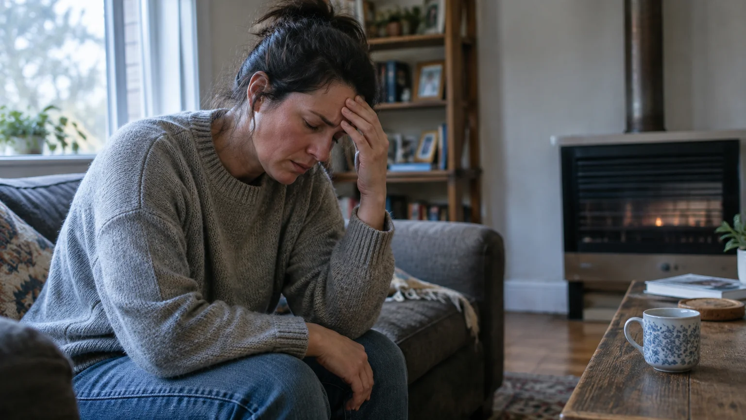 A woman sitting on a living room sofa holding her forehead in distress near a lit fireplace.