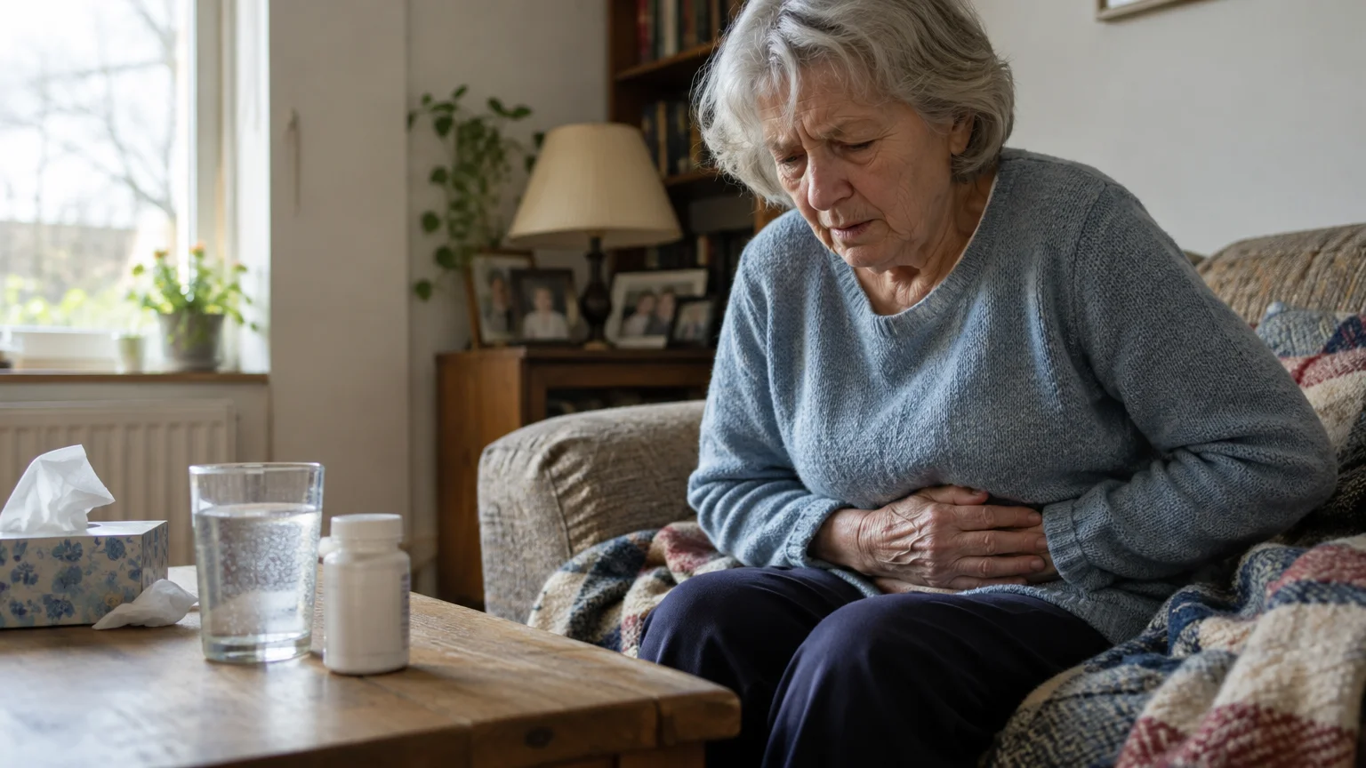 An older woman sits on an armchair clutching her stomach in pain near a table with medicine, water, and tissues.