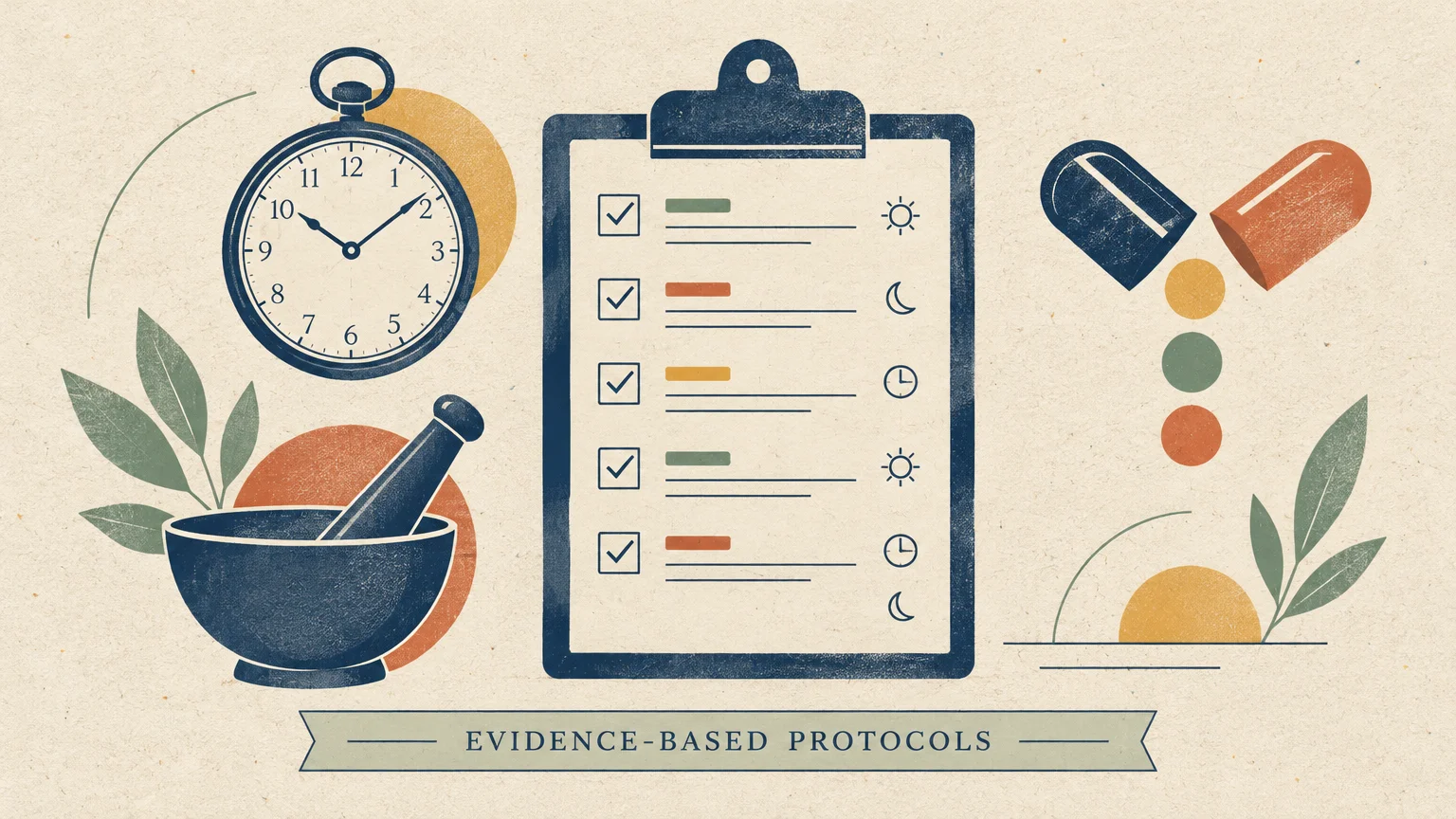 Illustration of a medical checklist, pocket watch, mortar and pestle, open capsule pill, and banner reading evidence-based protocols.