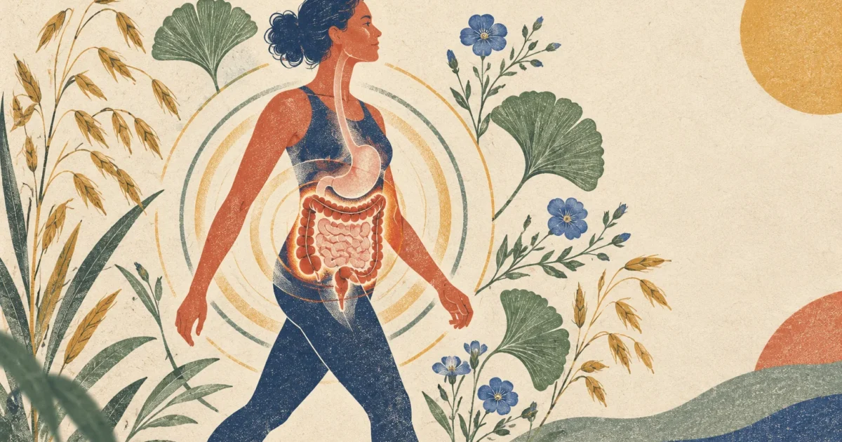 Illustration of a woman walking with an anatomical overlay of her digestive tract, surrounded by botanical plants.