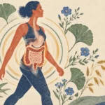 Illustration of a woman walking with an anatomical overlay of her digestive tract, surrounded by botanical plants.