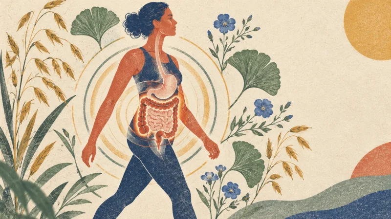 Illustration of a woman walking with an anatomical overlay of her digestive tract, surrounded by botanical plants.