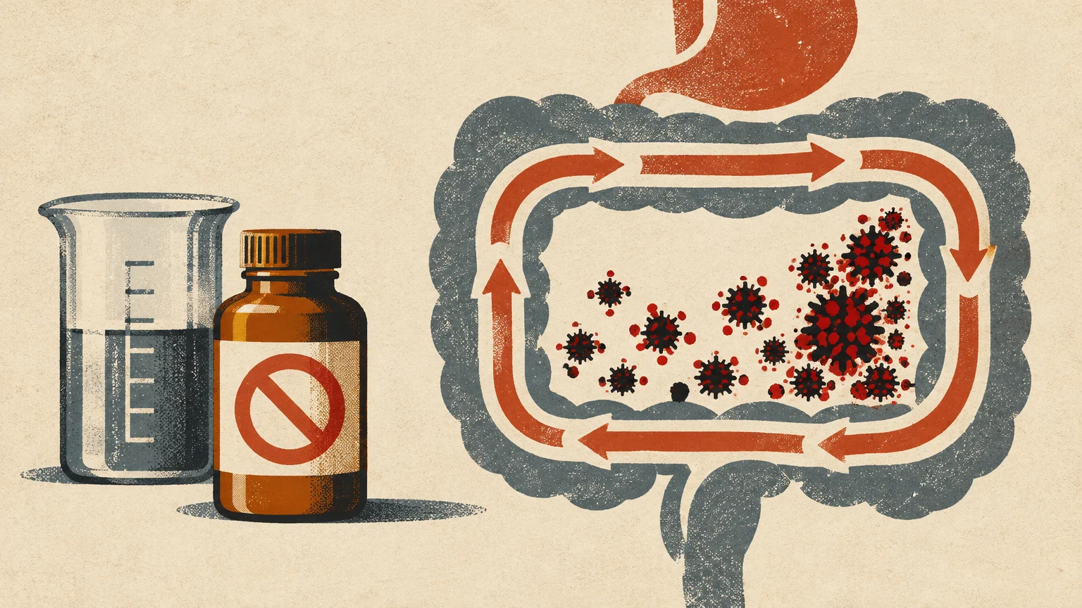 Illustration of intestines with arrows circling around microbes next to a beaker and medicine bottle with a prohibition symbol.