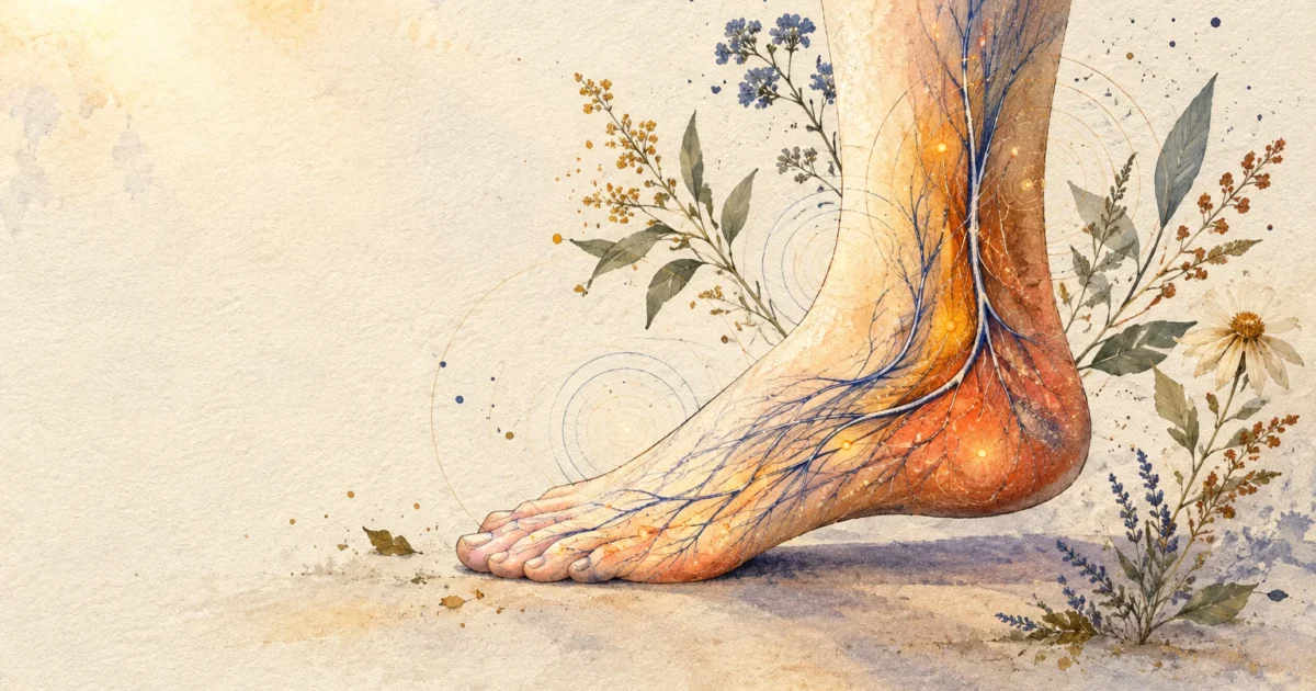 Watercolor illustration of a human foot showing glowing blue and orange branching nerves surrounded by botanical flowers.
