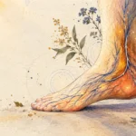 Watercolor illustration of a human foot showing glowing blue and orange branching nerves surrounded by botanical flowers.