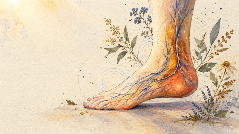 Watercolor illustration of a human foot showing glowing blue and orange branching nerves surrounded by botanical flowers.