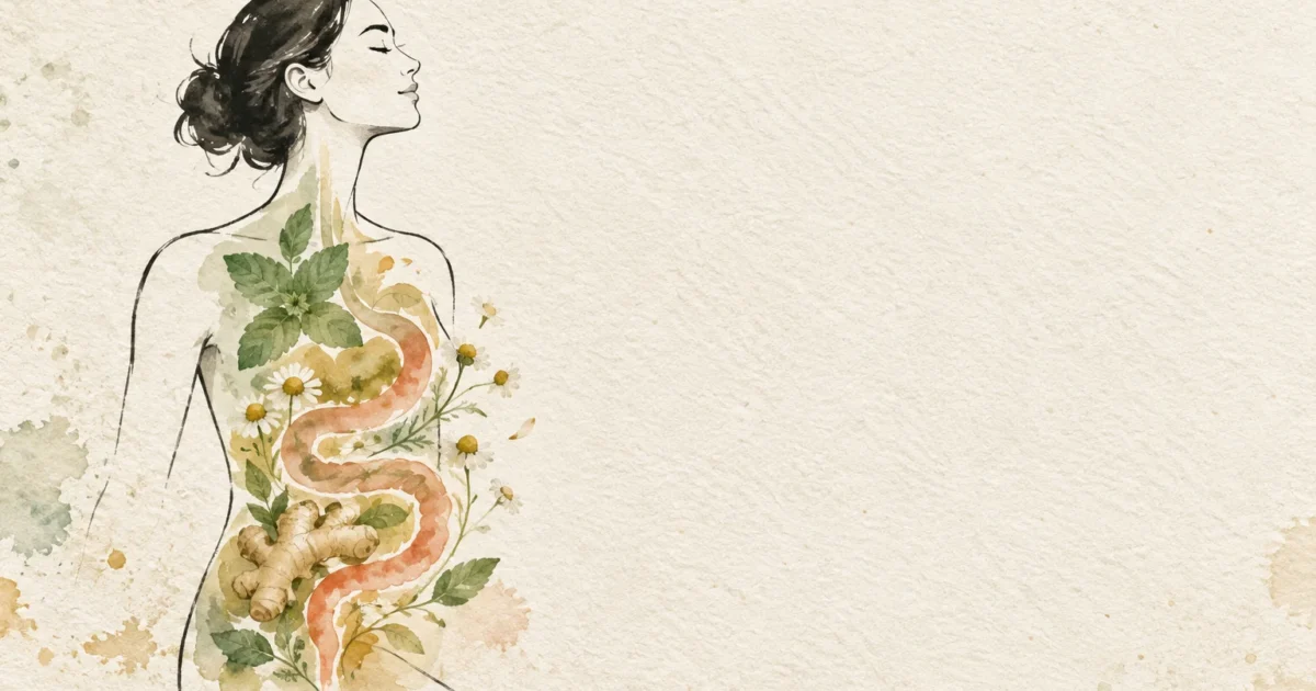 Watercolor sketch of a woman's torso filled with digestive tract illustrations, mint leaves, chamomile flowers, and ginger.
